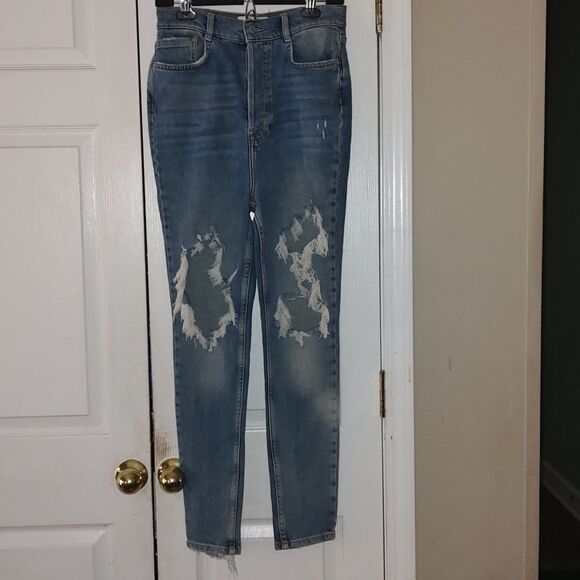 Free People We The Free Distressed Trashed Skinny Button Fly High Rise Jeans - Picture 1 of 11